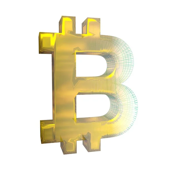 Bitcoin jel, a zöld rács lesz arany fehér alapon. 3D illusztráció — Stock Fotó