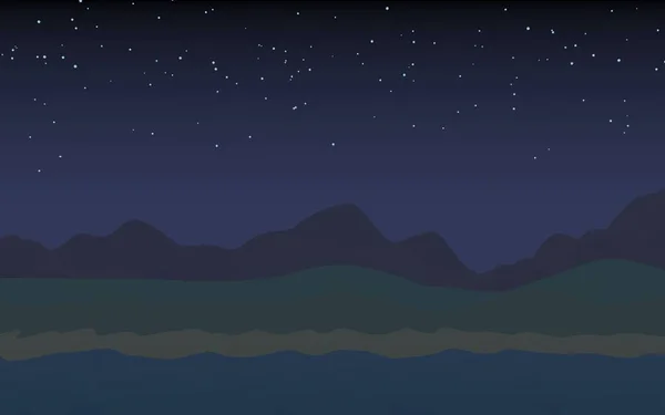 Céu estrelado sem lua. Linha de costa oceânica com ondas na praia. Ilha paraíso de praia com ondas. Férias, verão, relaxamento. A paisagem marinha, a praia. Paisagem minimalista, primitivismo. Ilustração 3D — Fotografia de Stock