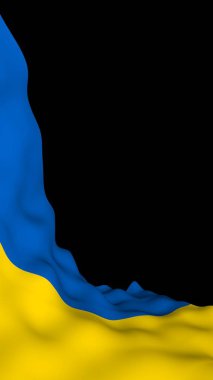 Karanlık bir arka plan üzerinde Ukrayna bayrağı. Ulusal bayrak ve eyalet asteğmeni. Mavi ve sarı iki renkli. 3d illüstrasyon bayrak sallayarak