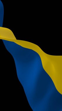 Karanlık bir arka plan üzerinde Ukrayna bayrağı. Ulusal bayrak ve eyalet asteğmeni. Mavi ve sarı iki renkli. 3d illüstrasyon bayrak sallayarak
