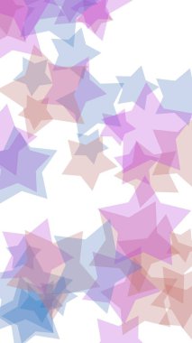 Beyaz arkaplanda çok renkli yarı saydam yıldızlar. Dikey görüntü yönlendirmesi. 3B illüstrasyon