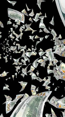 Dolar banknotlar uçan koyu arka plan üzerinde izole. Para havada uçuyor. 100 ABD banknotlar yeni örnek. 3D çizim