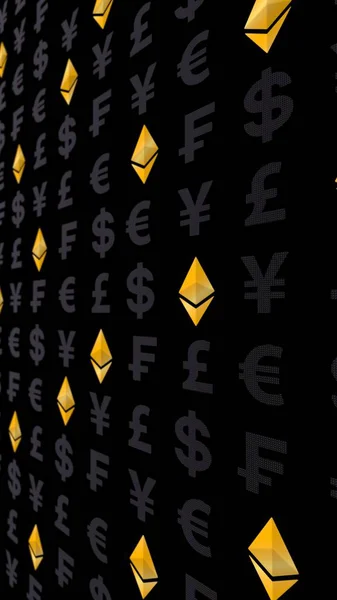 Ethereum classico e valuta su uno sfondo scuro. Simbolo di valuta crittografica digitale. Concetto aziendale. Esposizione di mercato. Illustrazione 3D — Foto Stock