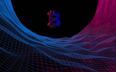 Soyut karanlık arka planda dijital para birimi sembolü Bitcoin. Kripto para piyasasının büyümesi. İş, finans ve teknoloji konsepti. 3d illüstrasyon