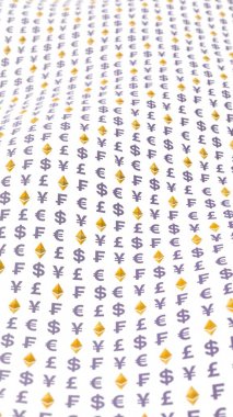 Beyaz arka planda klasik ve para birimi. Dijital şifreleme sembolü. Para dalgası etkisi, piyasa dalgalanmaları. İş konsepti. 3B illüstrasyon