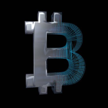 Bitcoin işareti, platin veya gümüş siyah bir arka plan üzerinde mavi bir ızgara dönüşür. 3d illüstrasyon