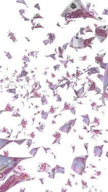 Uçan Avro banknotları beyaz bir arkaplanda izole edilmiş. Havada para uçuyor. 500 EURO renkli. 3B illüstrasyon