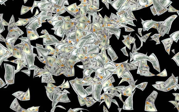 Dolar banknotlar uçan koyu arka plan üzerinde izole. Para havada uçuyor. 100 ABD banknotlar yeni örnek. 3D çizim — Stok fotoğraf