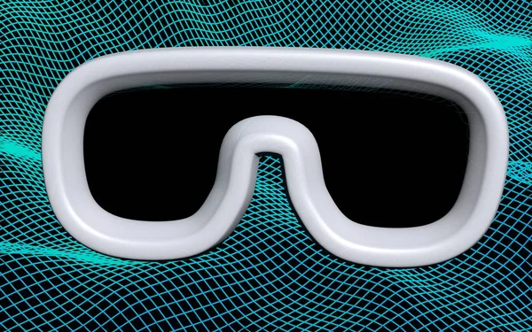 Ilustración de máscara de realidad virtual en fondo de rejilla abstracta. Concepto tecnológico de gafas VR. Ilustración 3D —  Fotos de Stock