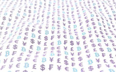 Beyaz arka planda Bitcoin ve para birimi. Dijital kripto para birimi sembolü. Dalga etkisi, döviz piyasası dalgalanmaları. İş konsepti. 3B illüstrasyon