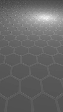 Gri arka plandaki petek. Çokgen in perspektif görünümü petek gibi görünüyor. Ekstrüde, yumru hücresi. Biyometrik geometri. Dikey görüntü yönlendirmesi. 3d illüstrasyon