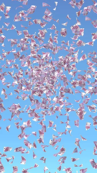 Vliegende eurobankbiljetten tegen de achtergrond van de lucht. Het geld vliegt de lucht in. 500 EURO in kleur. 3D illustratie — Stockfoto