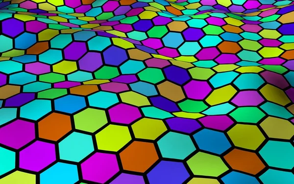 Honeycomb multi-colored. Perspective view on polygon look like honeycomb. Wavy surface. Isometric geometry. 3D illustration — Stock Photo, Image