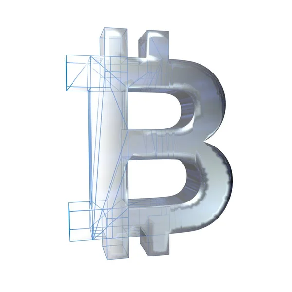 Signo de Bitcoin, platino o plata se convierte en una rejilla azul sobre un fondo blanco. Ilustración 3D —  Fotos de Stock