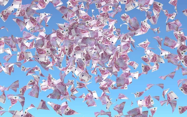 Billets en euros volants sur fond de ciel. L'argent vole dans les airs. 500 EURO en couleur. Illustration 3D — Photo