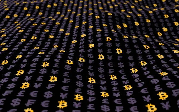 Bitcoin και νόμισμα σε σκοτεινό φόντο. Ψηφιακό σύμβολο κρυπτογράφησης. Κυματική επίδραση, διακυμάνσεις της αγοράς. Επιχειρηματική ιδέα. 3D απεικόνιση — Φωτογραφία Αρχείου