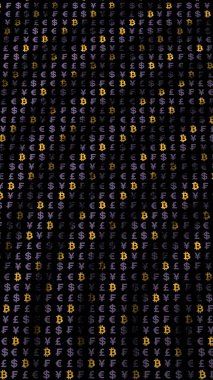 Bitcoin ve para birimi karanlık bir arkaplanda. Dijital kripto para birimi sembolü. Dalga etkisi, döviz piyasası dalgalanmaları. İş konsepti. 3B illüstrasyon