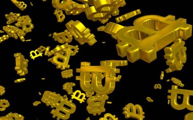 Karanlık bir arka planda dijital para birimi sembolü Bitcoin. Bitcoin düşüşü. Sanal ekranda kripto para birimi grafiği. İş, finans ve teknoloji kavramı. 3B illüstrasyon