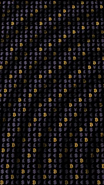 Bitcoin och valuta på en mörk bakgrund. Digital krypto valuta symbol. Vågeffekt, fluktuationer på valutamarknaden. Affärsidé. 3D-illustration — Stockfoto