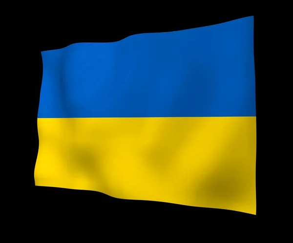 Ukrajna zászlaja sötét háttéren. Nemzeti zászló és állami zászlós. Kék és sárga kétszínű. 3D illusztráció integetett zászló — Stock Fotó