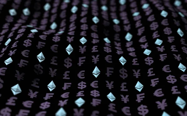 Ethereum cristal e moeda em um fundo escuro. Símbolo de moeda criptomoeda digital. Conceito de negócio. Exibição de mercado. Ilustração 3D — Fotografia de Stock