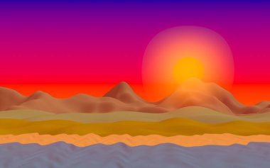 Sun Sea Beach. Sunrise. Sahilde dalgalarla okyanus kıyısı. Dalgalar ile Ada plaj cenneti. Tatil, yaz, rahatlama. Deniz manzarası, deniz kıyısı. Minimalist manzara, ilkellik. 3d illüstrasyon