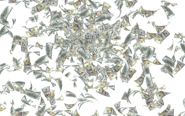 Банкноты с летающими долларами изолированы на белом фоне. Деньги летят в воздухе. 100 банкнот США новый образец. 3D иллюстрация — стоковое фото