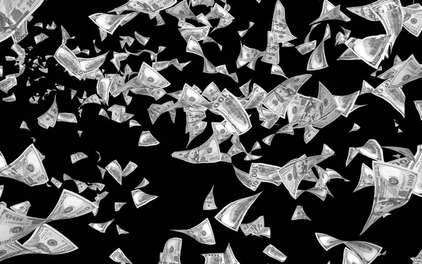 Flying dollars banknotes isolated on dark background. Money is flying in the air. 100 US banknotes new sample. Black and white style. 3D illustration — Stock Photo, Image
