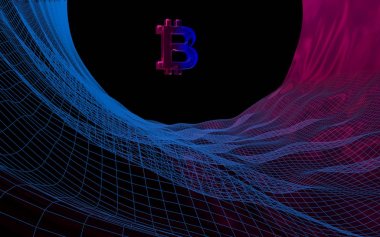 Soyut karanlık arka planda dijital para birimi sembolü Bitcoin. Kripto para piyasasının büyümesi. İş, finans ve teknoloji konsepti. 3d illüstrasyon