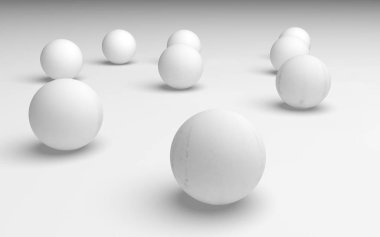 Beyaz soyut arka plan. Beyaz toplar beyaz arka planda izole edilmiş. 3B illüstrasyon