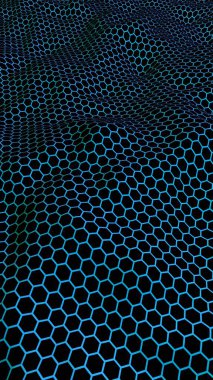 Petek dalga etkisi mavi yeşil arka plan üzerinde. Çokgen in perspektif görünümü petek gibi görünüyor. Biyometrik geometri. Dikey görüntü yönlendirmesi. 3d illüstrasyon