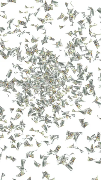 Vliegende dollars bankbiljetten geïsoleerd op witte achtergrond. Het geld vliegt de lucht in. 100 Amerikaanse bankbiljetten nieuwe steekproef. 3D illustratie — Stockfoto