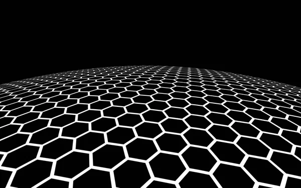 Dark honeycomb on dark background. Perspective view on polygon look like honeycomb. Ball, planet, covered with a network, honeycombs, cells. 3D illustration — Stock Photo, Image