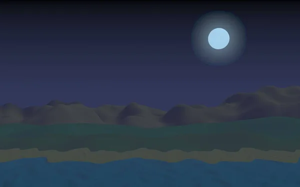 Starry moonless sky. Ocean shore line with waves on a beach. Island beach paradise with waves. Vacation, summer, relaxation. Seascape, seashore. Minimalist landscape, primitivism. 3D illustration