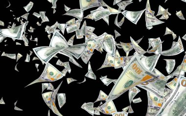 Dolar banknotlar uçan koyu arka plan üzerinde izole. Para havada uçuyor. 100 ABD banknotlar yeni örnek. 3D çizim