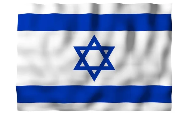 La bandera de Israel. Símbolo estatal del Estado de Israel. Una estrella azul de David entre dos rayas azules horizontales en un campo blanco. ilustración 3d —  Fotos de Stock