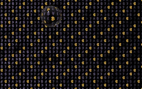 Bitmince a měna na tmavém pozadí. Digitální kryptografická značka. Měnová bublina, kolísání trhu. Obchodní koncepce. 3D ilustrace — Stock fotografie