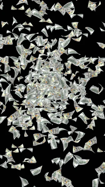 Банкноты с летающими долларами изолированы на тёмном фоне. Деньги летят в воздухе. 100 банкнот США новый образец. 3D иллюстрация — стоковое фото