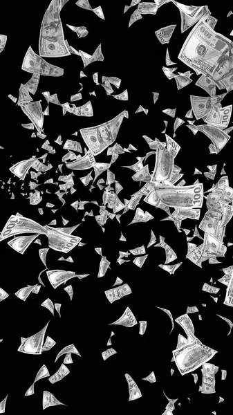 Notas de dólares voadores isoladas no fundo escuro. O dinheiro está a voar no ar. 100 notas dos EUA nova amostra. Estilo preto e branco. Ilustração 3D — Fotografia de Stock