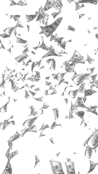 Банкноты с летающими долларами изолированы на белом фоне. Деньги летят в воздухе. 100 банкнот США новый образец. Черно-белый стиль. 3D иллюстрация — стоковое фото