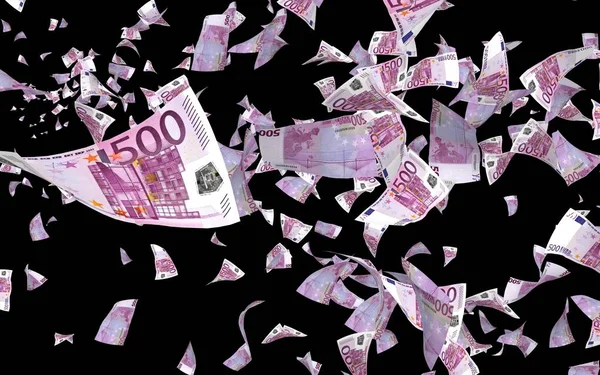 Notas de euro voadoras isoladas num fundo escuro. O dinheiro está a voar no ar. 500 euros em cores. Ilustração 3D — Fotografia de Stock