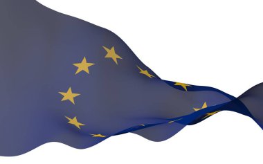 Avrupa Birliği 'nin bayrağı hafifçe sallanıyordu. Beyaz arka planda izole edilmiş, 3D görüntüleme. Avrupa 'nın sembolü. 3B illüstrasyon