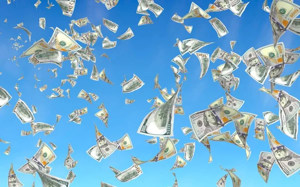 Flying dollars bankbiljetten tegen de hemel achtergrond. Geld vliegt in de lucht. 100 Amerikaanse bankbiljetten nieuwe sample. 3D-illustratie — Stockfoto