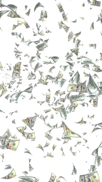 Банкноты с летающими долларами изолированы на белом фоне. Деньги летят в воздухе. 100 банкнот США новый образец. 3D иллюстрация — стоковое фото