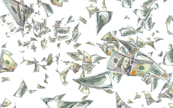 Банкноти з літаючими доларами ізольовані на білому тлі. Гроші летять у повітрі. 100 американських банкнот новий зразок. 3D ілюстрація — стокове фото