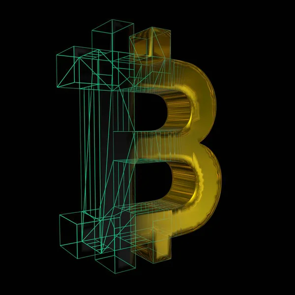 Bitcoin signe, la grille verte se transforme en or sur un fond noir. Illustration 3D — Photo