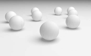 Beyaz soyut arka plan. Beyaz toplar beyaz arka planda izole edilmiş. 3B illüstrasyon