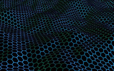 Petek mavi dalga etkisi koyu bir arka plan üzerinde. Çokgen in perspektif görünümü petek gibi görünüyor. Biyometrik geometri. 3d illüstrasyon