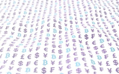 Beyaz arka planda Bitcoin ve para birimi. Dijital kripto para birimi sembolü. Dalga etkisi, döviz piyasası dalgalanmaları. İş konsepti. 3B illüstrasyon