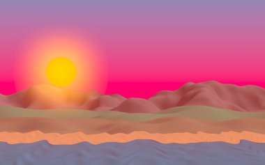 Sun Sea Beach. Sunrise. Sahilde dalgalarla okyanus kıyısı. Dalgalar ile Ada plaj cenneti. Tatil, yaz, rahatlama. Deniz manzarası, deniz kıyısı. Minimalist manzara, ilkellik. 3d illüstrasyon